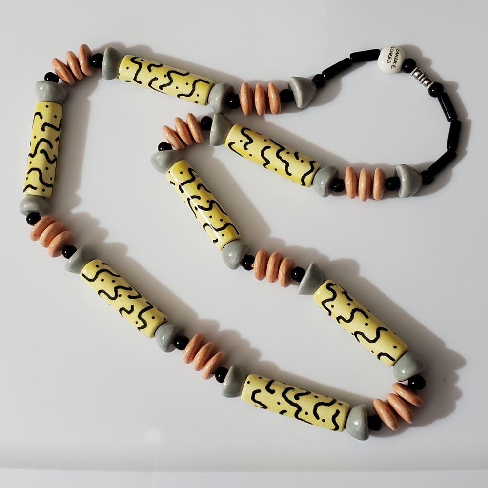 Vintage candace Looheed Ruby Z hand painted ceramic necklace long chunky 80's